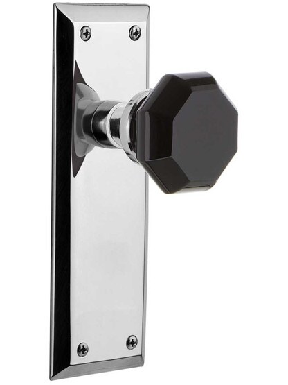 New York Door Set with Colored Waldorf Crystal Glass Knobs Black in Polished Chrome.